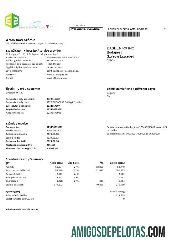 Em branco modelo de conta de serviços públicos E2 da Hungria em formatos Word e PDF